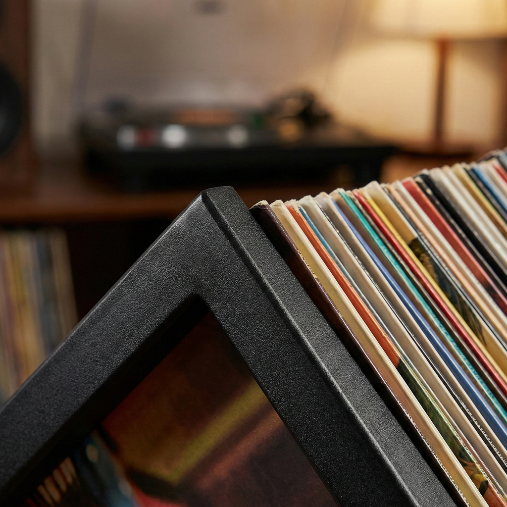 Industrial Black Metal Vinyl Storage Rack | Sleek Display for 50+ LPs