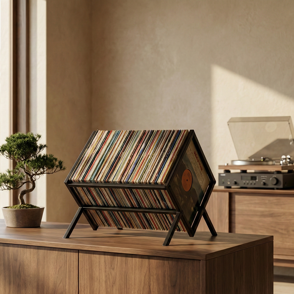 Industrial Black Metal Vinyl Storage Rack | Sleek Display for 50+ LPs