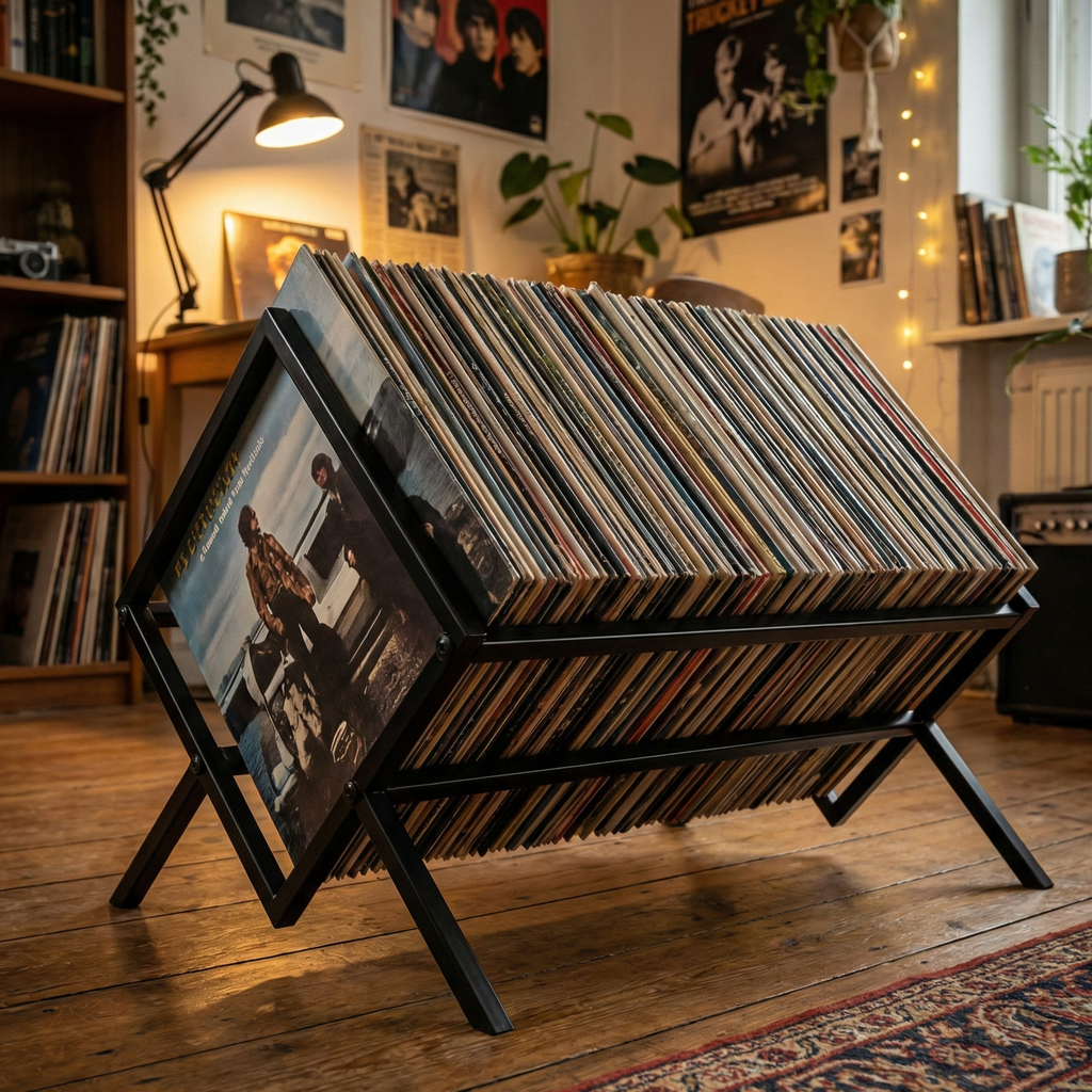 Industrial Black Metal Vinyl Storage Rack | Sleek Display for 50+ LPs