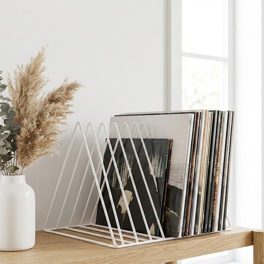 Minimalist Vinyl Record Rack - White Steel | Holds 25+ LPs