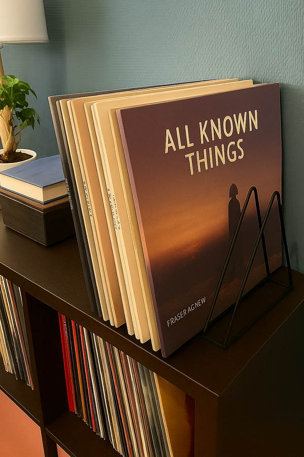 Een zwart metalen lp-rek, gevuld met vinylplaten, staat bovenop een donkere platenkast. De kast zelf is ook gevuld met een grote platencollectie, en de muur op de achtergrond is blauw