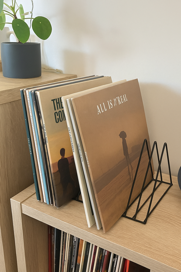 Een zwart metalen, minimalistisch lp-rek staat op een licht houten meubel en houdt een selectie vinylplaten vast. Eronder is een grotere platencollectie zichtbaar.
