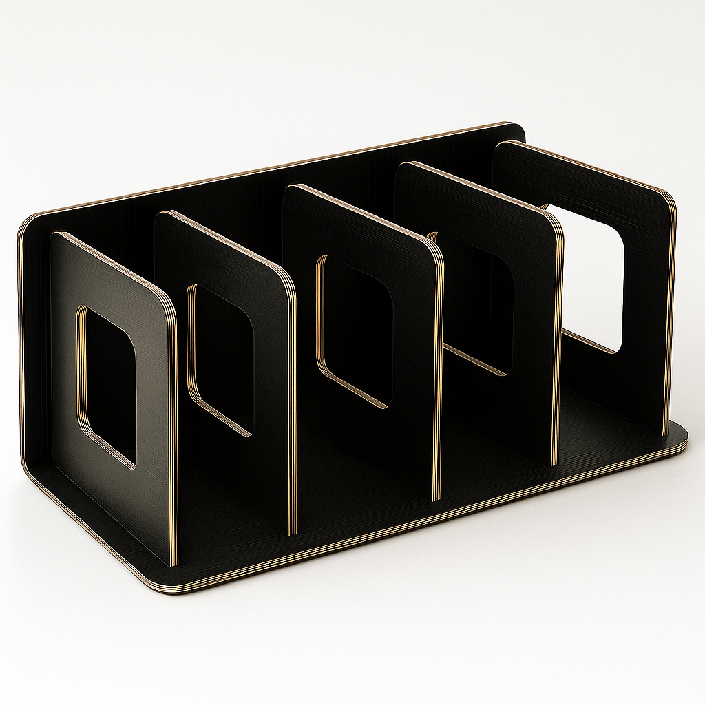 Vrijstaande productfoto van een zwarte houten cd-houder met vier vakken en zichtbare multiplex randen op een witte achtergrond.